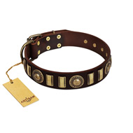 "City Call" FDT Artisan Adorned with Old Bronze-like Plates and Circles Brown Leather Dog Collar 1 1/2 inch (40 mm) Wide  "City Call" FDT Artisan Adorned with Old Bronze-like Plates and Circles Brown Leather Dog Collar 1 1/2 inch (40 mm) Wide