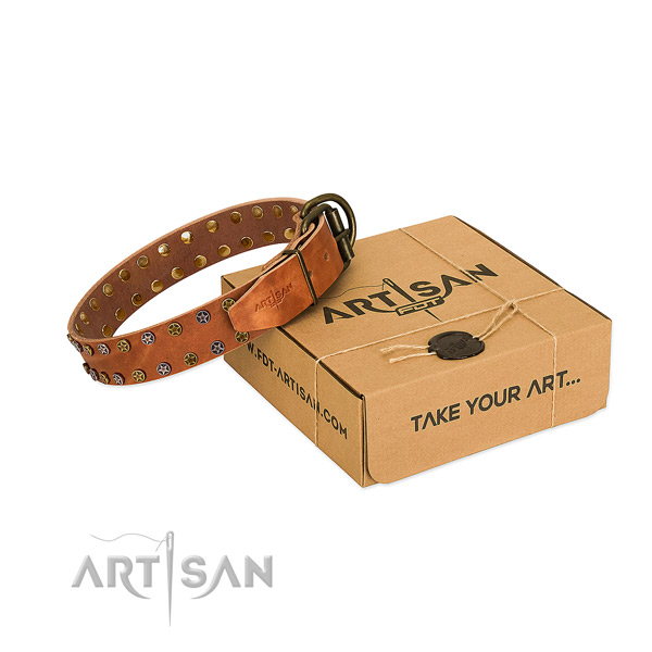 Everyday use soft to touch full grain natural leather dog collar with embellishments