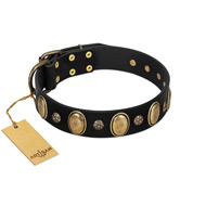 "Gilded Stones" FDT Artisan Black Leather Great Dane Collar with Old Bronze-like Ovals and Studs - 1 1/2 inch (40 mm) wide  "Gilded Stones" FDT Artisan Black Leather Great Dane Collar with Old Bronze-like Ovals and Studs - 1 1/2 inch (40 mm) wide