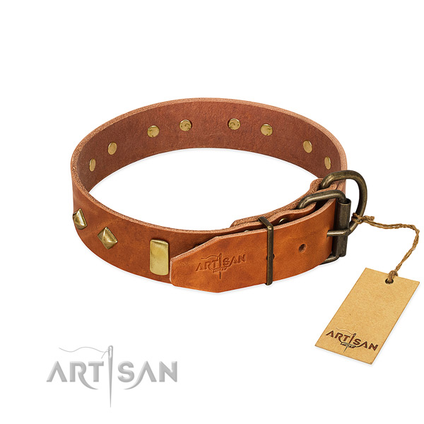 Daily use genuine leather dog collar with exquisite adornments