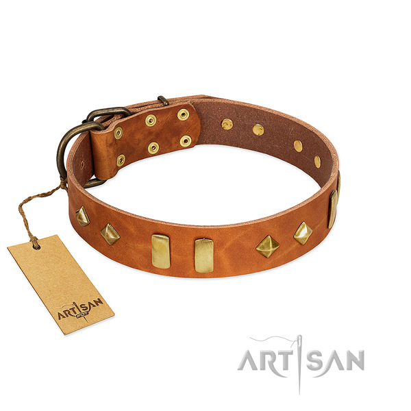 Everyday walking flexible genuine leather dog collar with decorations