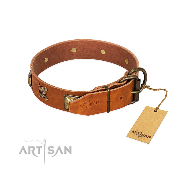 Inimitable genuine leather dog collar with corrosion resistant decorations