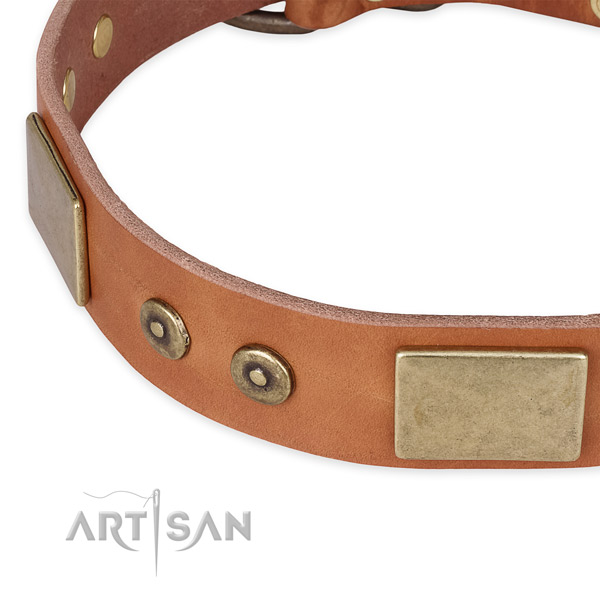Handy use full grain natural leather collar with rust-proof buckle and D-ring