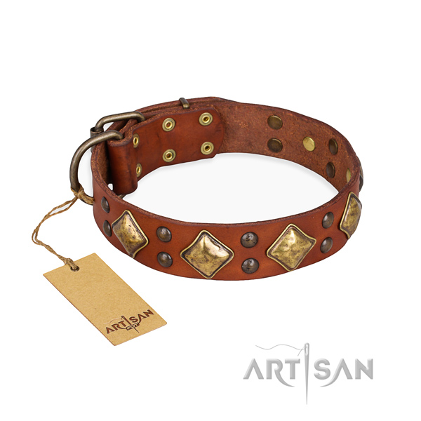 Fashionable design adornments on natural genuine leather dog collar
