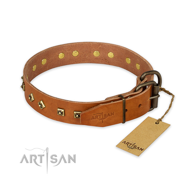 Daily walking full grain natural leather collar with decorations for your pet