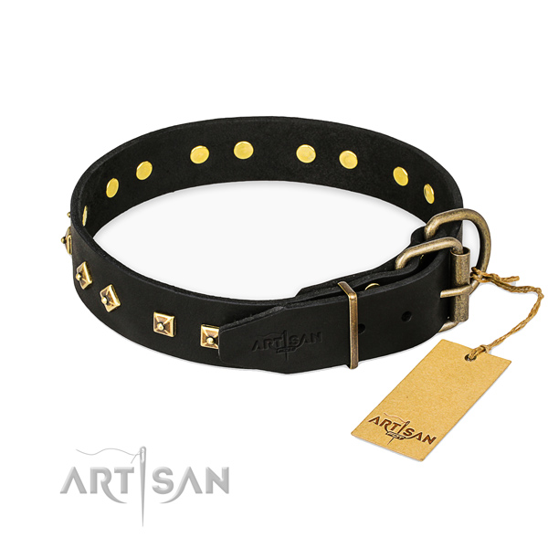 Handy use genuine leather collar with studs for your four-legged friend