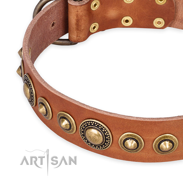 Adjustable leather dog collar with resistant old bronze-like plated set of hardware