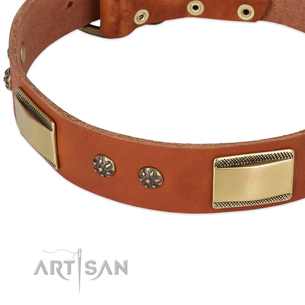 Handy use genuine leather collar with corrosion resistant buckle and D-ring