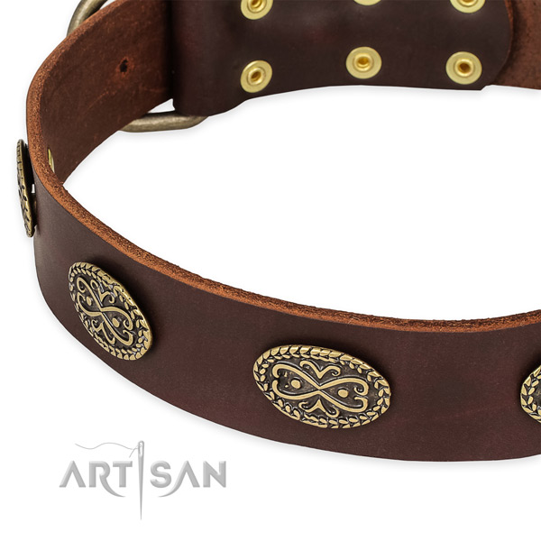 Easy to use leather dog collar with resistant non-rusting set of hardware