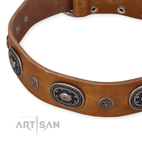 Easy to use leather dog collar with almost unbreakable non-rusting buckle